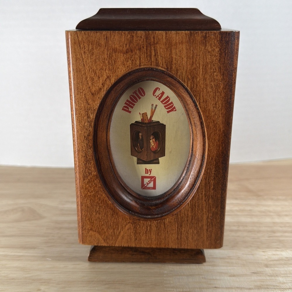 RETRO WOOD PHOTO PICTURE FRAME ROTATING DESK CADDY PENCIL HOLDER 2x3 OVAL 4 Pics